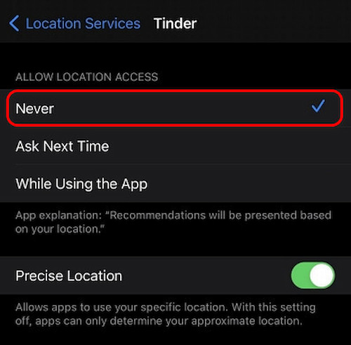 iPhone Turn Off-Tinder Location