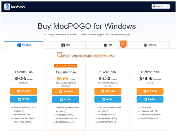 Mocpogo Pricing Table